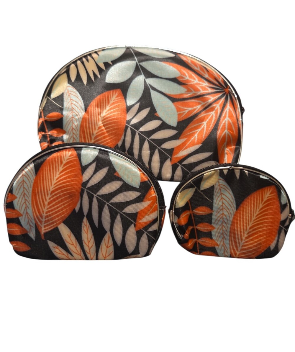 Leaf Pattern Cosmetic Bag Set - Orange & Teal